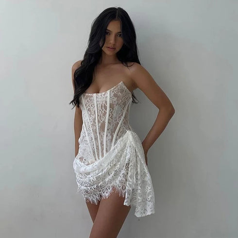 Elegant Lace Strapless See-Through Mini Dress for Women Summer Street Party